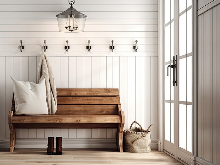 Mudroom featuring wood-paneled walls, wooden bench, and wood flooring.