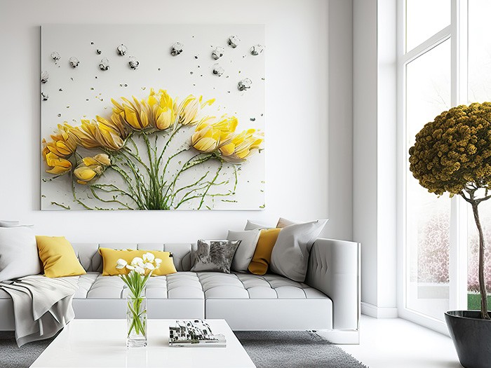 grey livingroom couch with yellow pillows and yellow flower painting